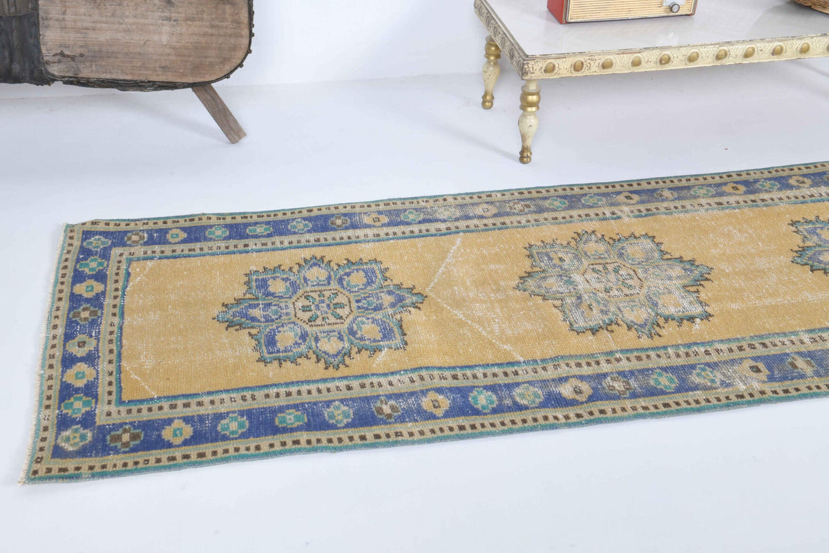 El yapımı vintage yolluk 79x340 cm oryantal desenli yün - yakın çekim doku detayı