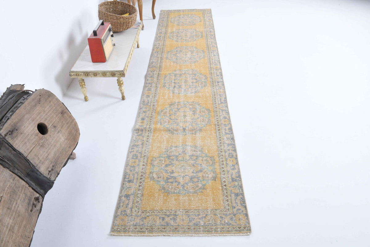 El yapımı vintage yolluk 71x340 cm oryantal desenli yün - yakın çekim doku detayı