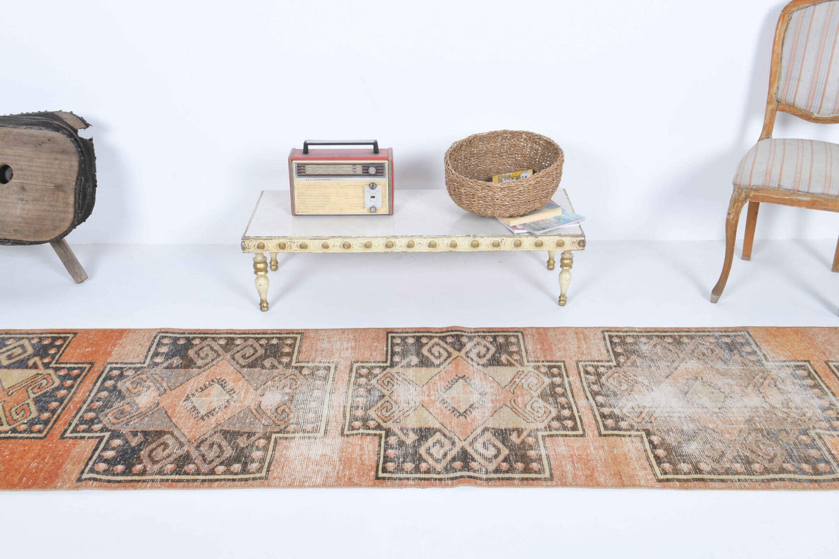 El yapımı vintage yolluk 76x351 cm oryantal desenli yün - üstten görünüm