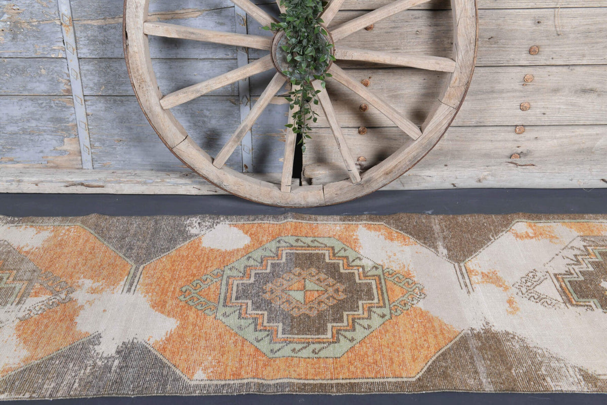 El yapımı vintage yolluk 89x323 cm geometrik desenli yün - kenar ve saçak detayı