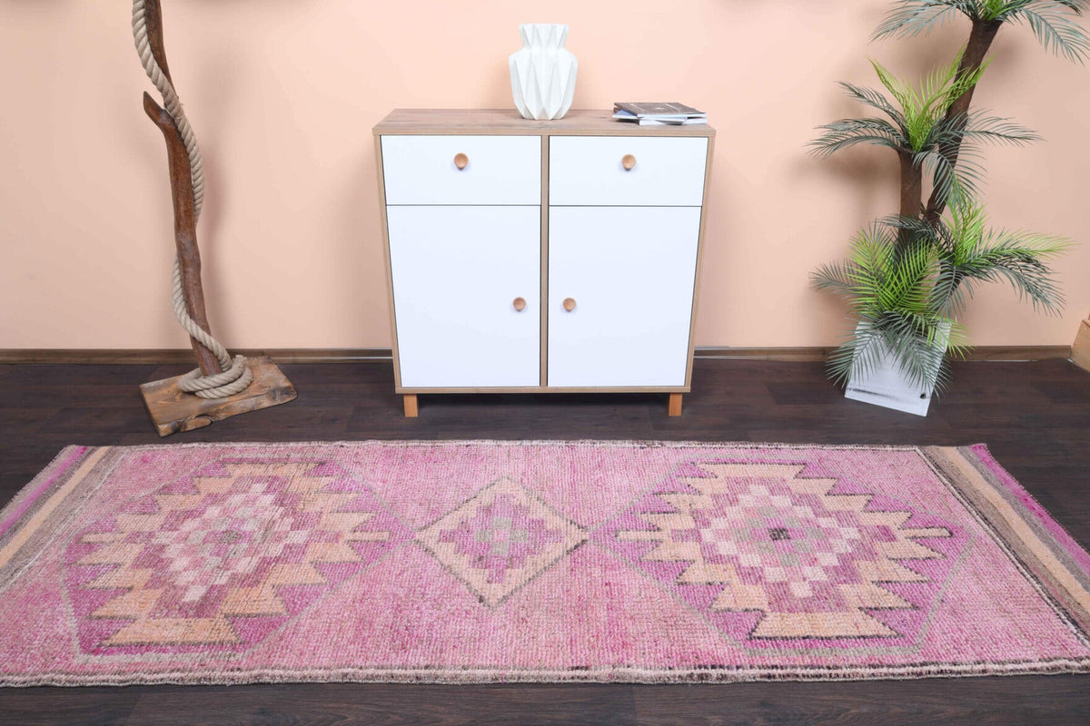 El yapımı vintage yolluk 91x287 cm geometrik desenli yün - kenar ve saçak detayı