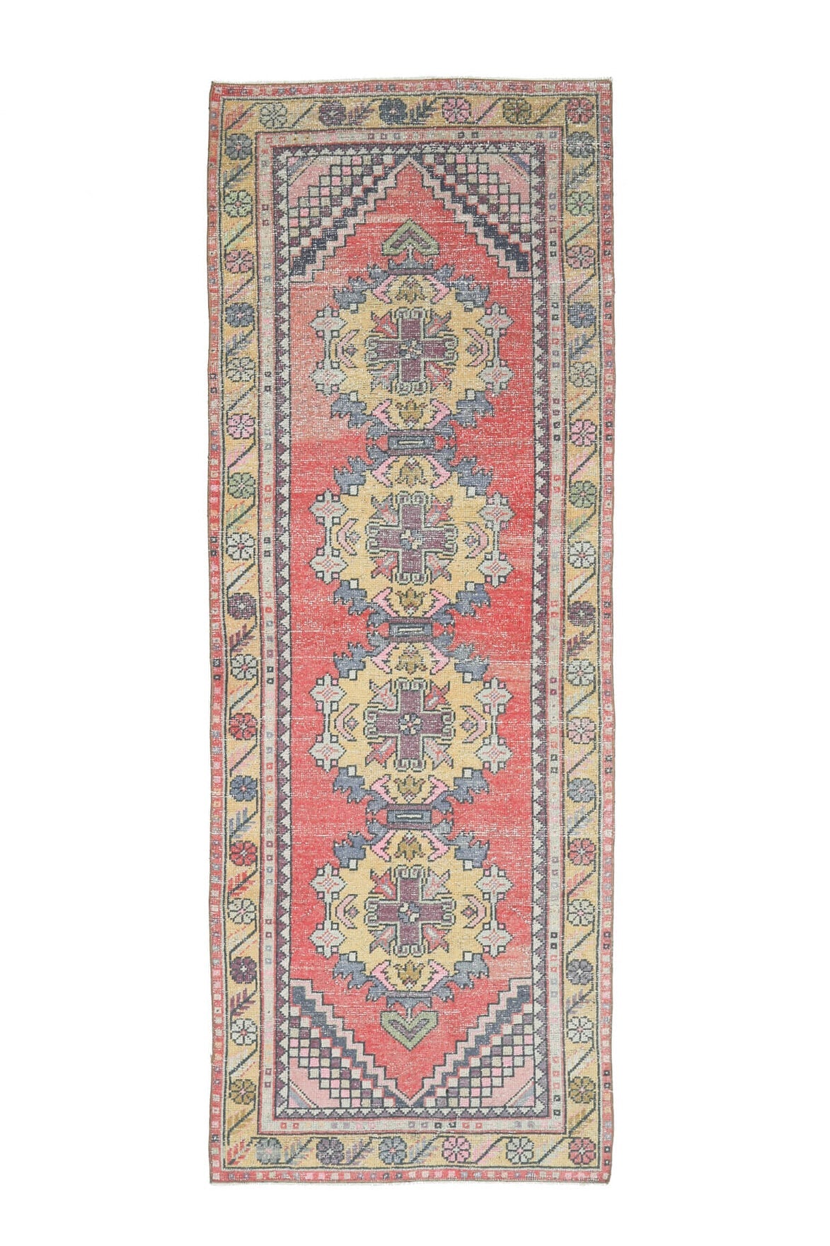 El yapımı vintage yolluk 91x274 cm oryantal desenli yün - ışık altında renk detayı