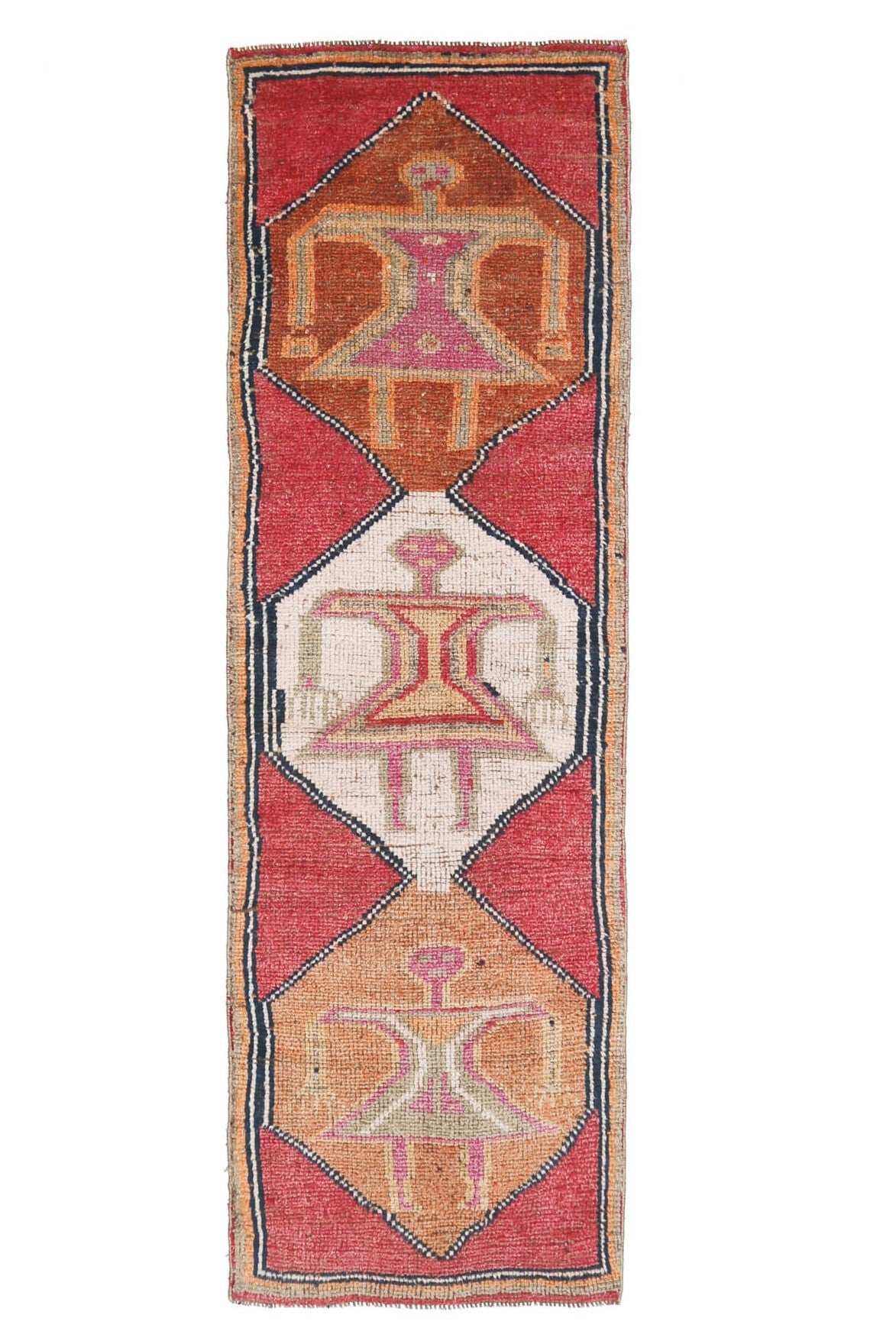 El yapımı vintage yolluk 81x269 cm i̇nsan figürlü desenli yün - ışık altında renk detayı