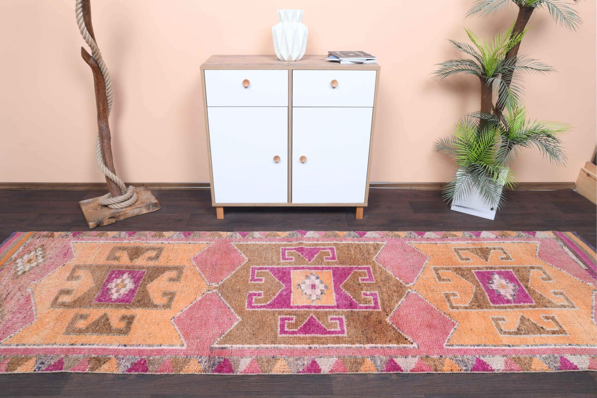 El yapımı vintage yolluk 91x305 cm oryantal desenli yün - kenar ve saçak detayı
