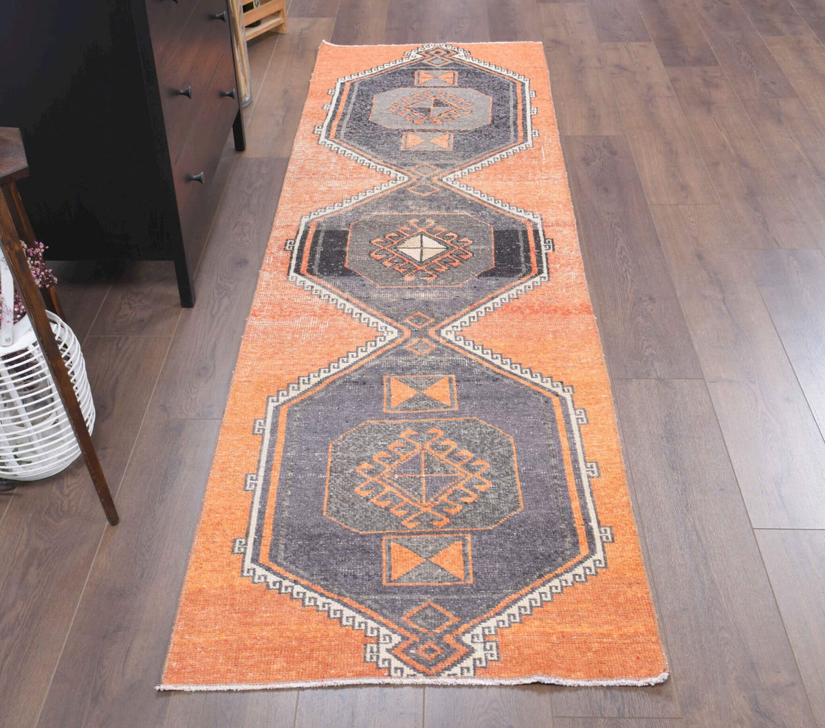 El yapımı vintage yolluk 79x272 cm geometrik desenli yün - detay görünümü
