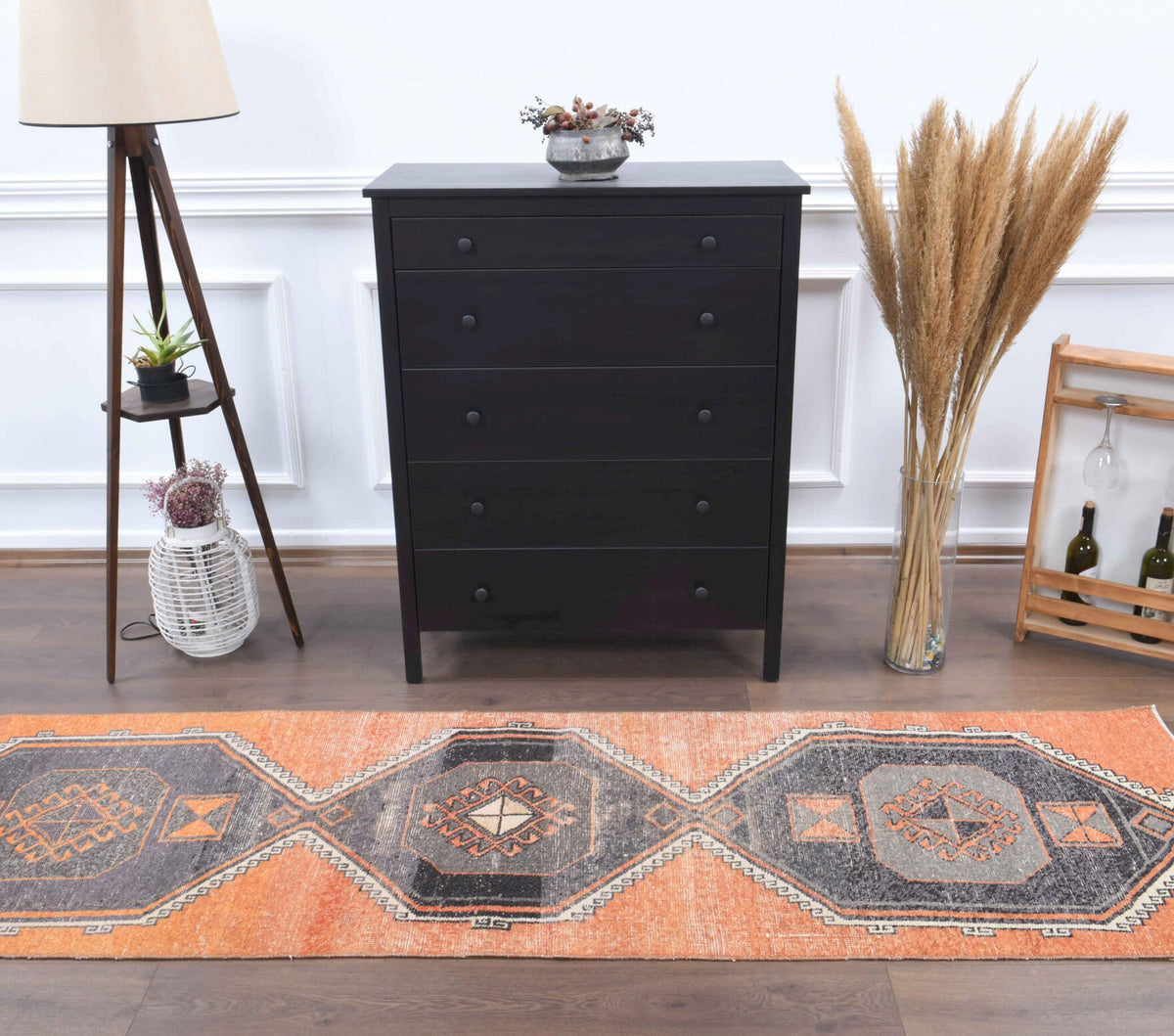 El yapımı vintage yolluk 79x272 cm geometrik desenli yün - üstten görünüm