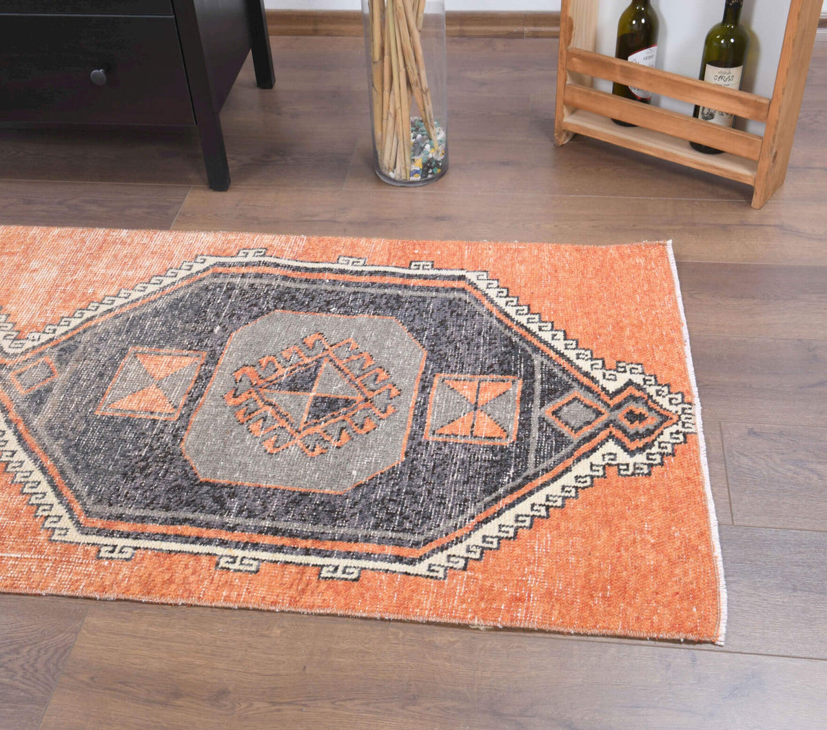 El yapımı vintage yolluk 79x272 cm geometrik desenli yün - açık alan görünümü