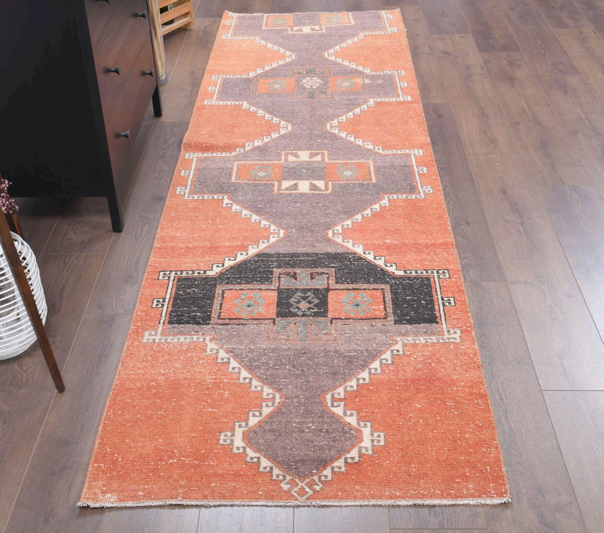 El yapımı vintage yolluk 91x305 cm geometrik desenli yün - detay görünümü
