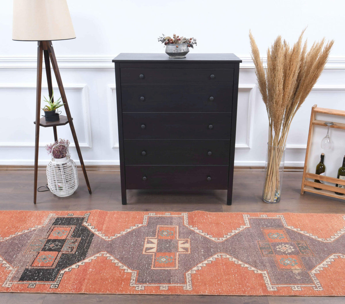 El yapımı vintage yolluk 91x305 cm geometrik desenli yün - üstten görünüm