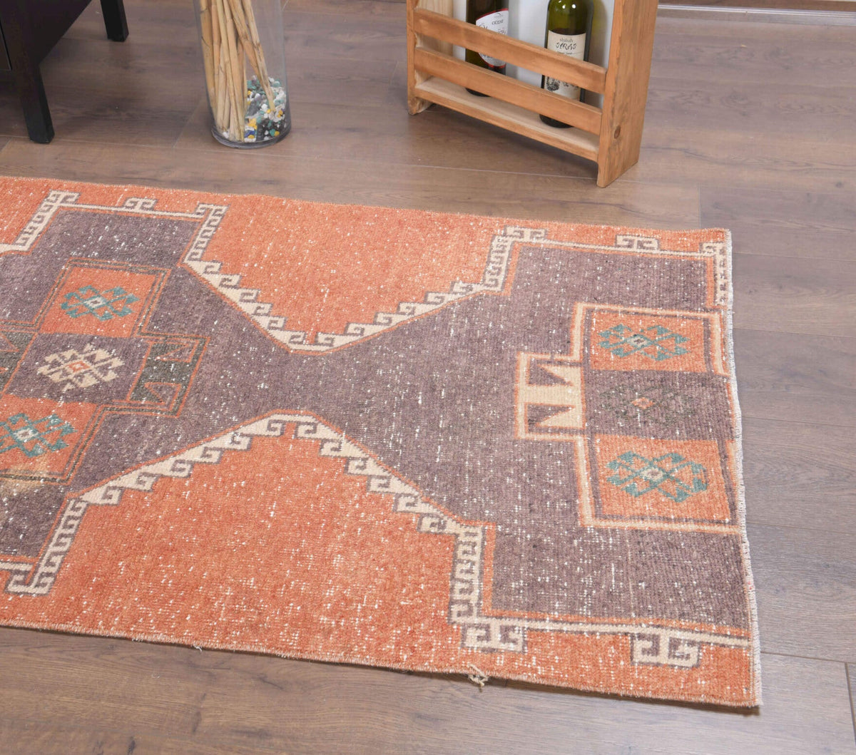 El yapımı vintage yolluk 91x305 cm geometrik desenli yün - açık alan görünümü