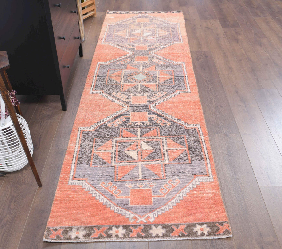 El yapımı vintage yolluk 86x300 cm geometrik desenli yün - detay görünümü
