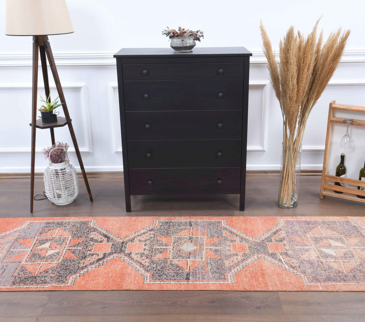 El yapımı vintage yolluk 86x300 cm geometrik desenli yün - üstten görünüm