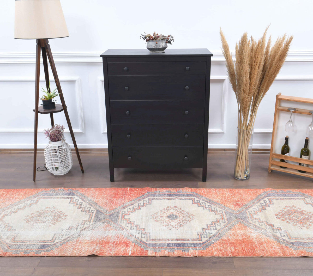 El yapımı vintage yolluk 91x368 cm geometrik desenli yün - detay görünümü