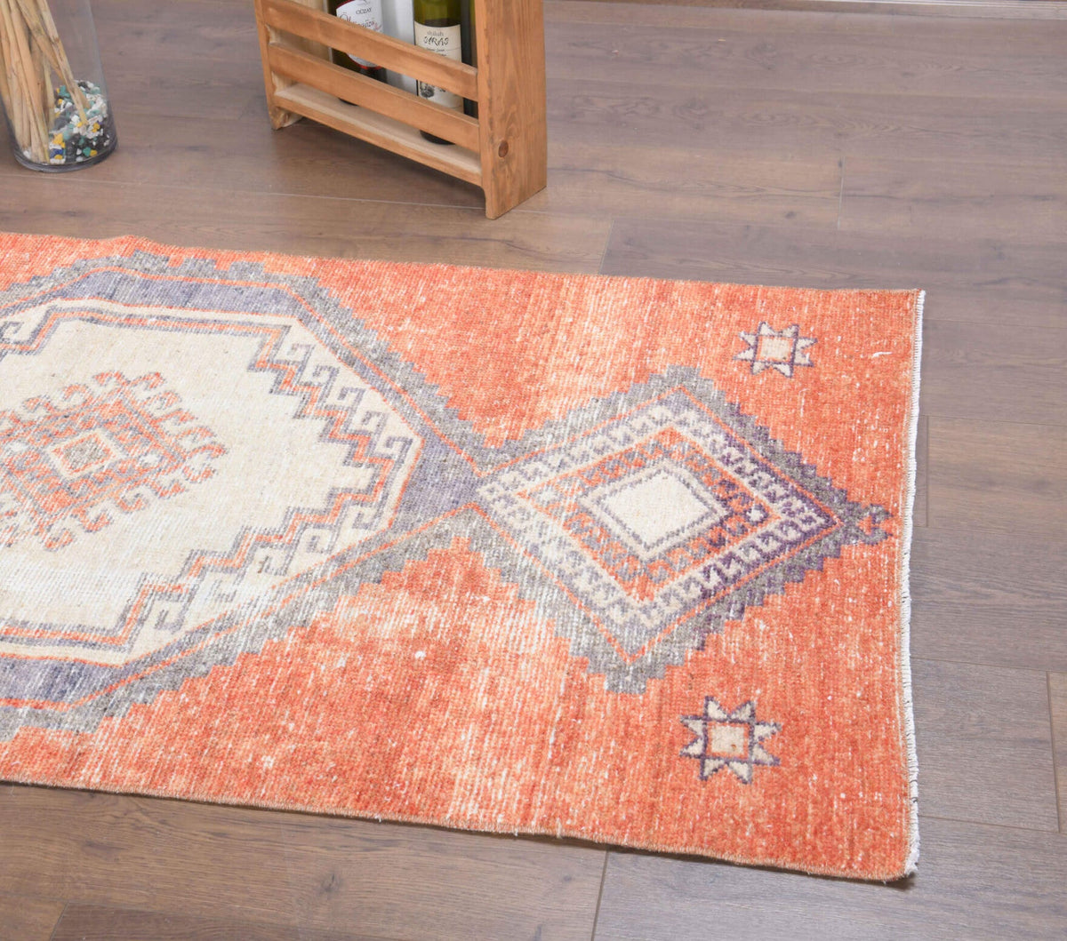 El yapımı vintage yolluk 91x368 cm geometrik desenli yün - açık alan görünümü