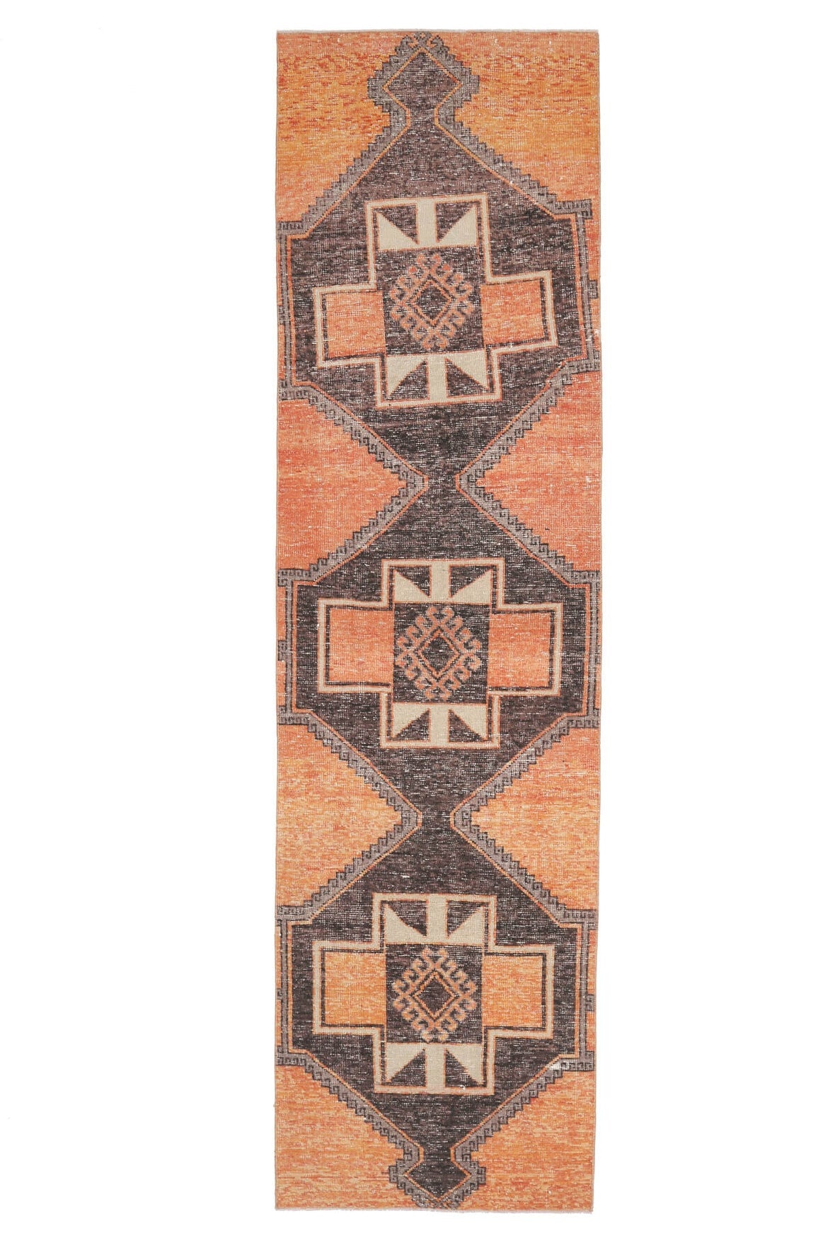 El yapımı vintage yolluk 89x333 cm geometrik desenli yün