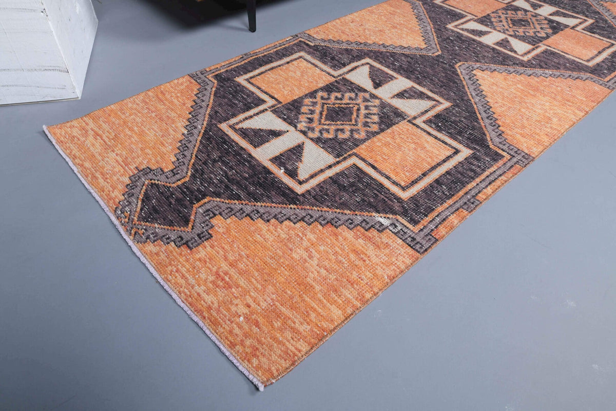 El yapımı vintage yolluk 89x333 cm geometrik desenli yün - kenar ve saçak detayı