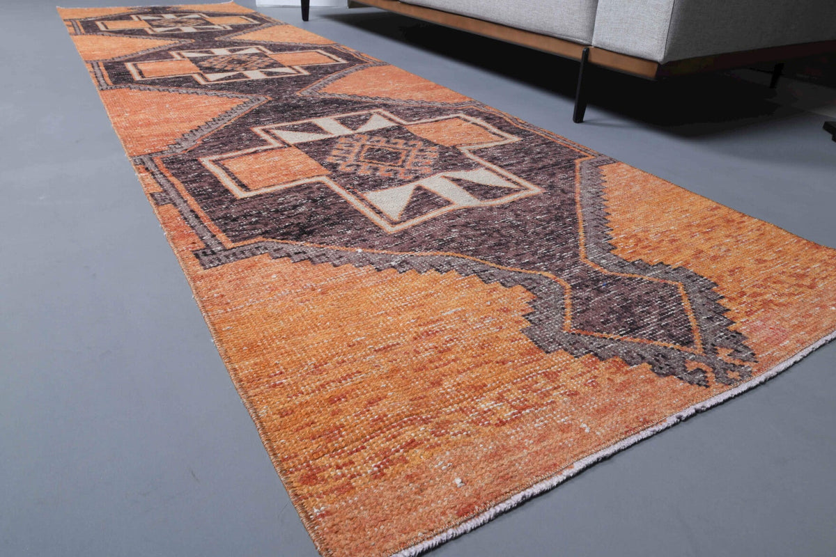 El yapımı vintage yolluk 89x333 cm geometrik desenli yün - üstten görünüm