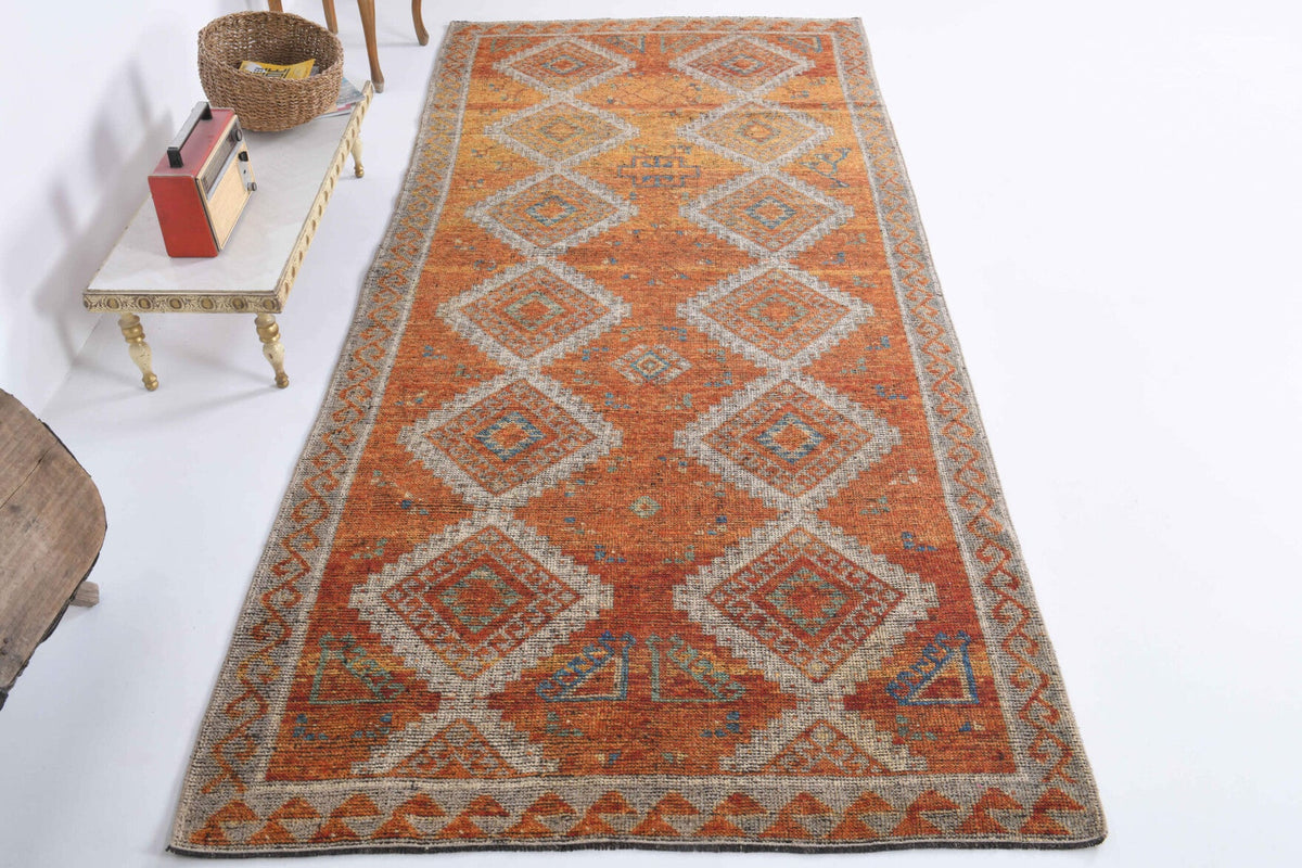 El yapımı vintage yolluk 122x305 cm geometrik desenli yün - detay görünümü