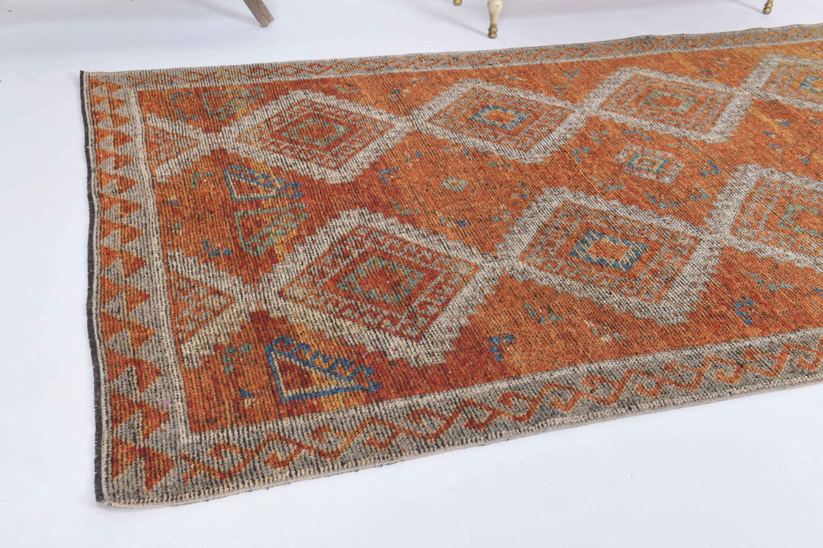El yapımı vintage yolluk 122x305 cm geometrik desenli yün - kenar ve saçak detayı