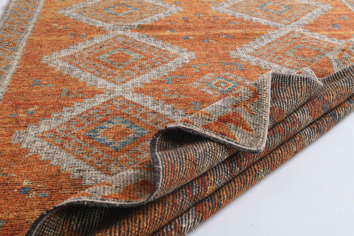 El yapımı vintage yolluk 122x305 cm geometrik desenli yün - üstten görünüm