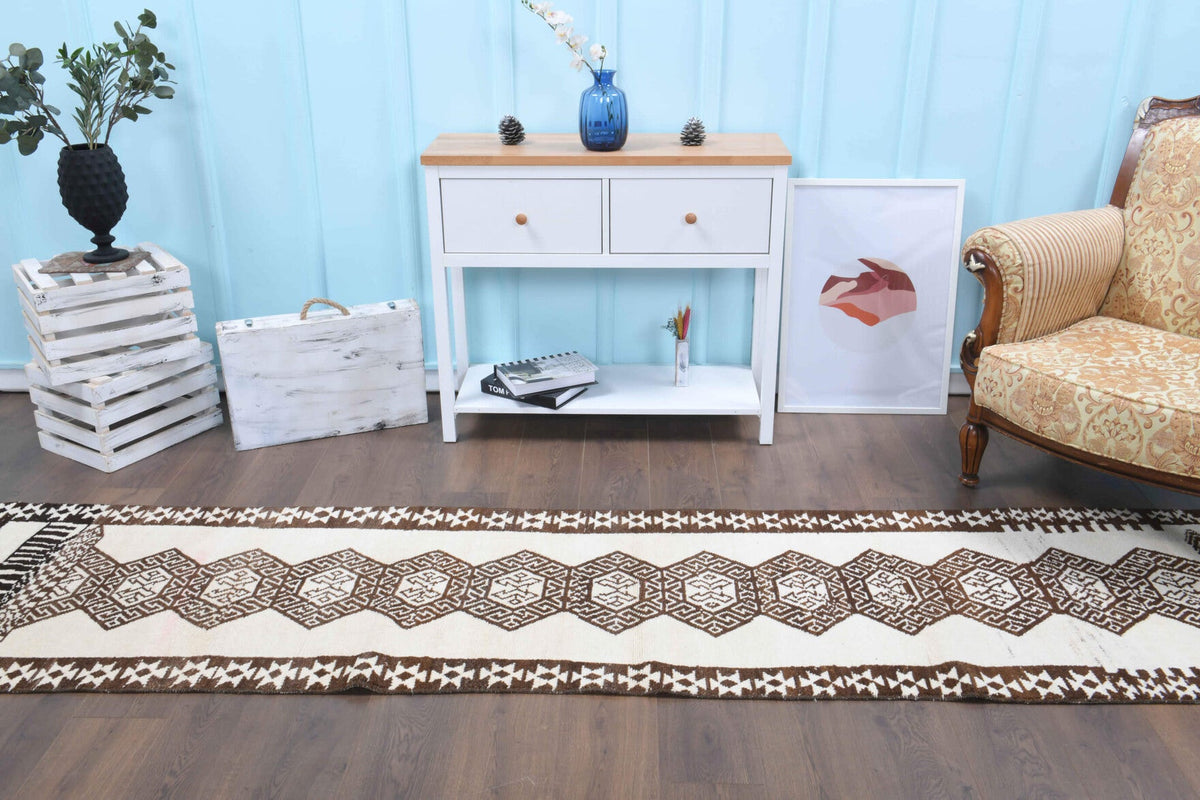 El yapımı vintage yolluk 79x353 cm geometrik desenli yün - üstten görünüm