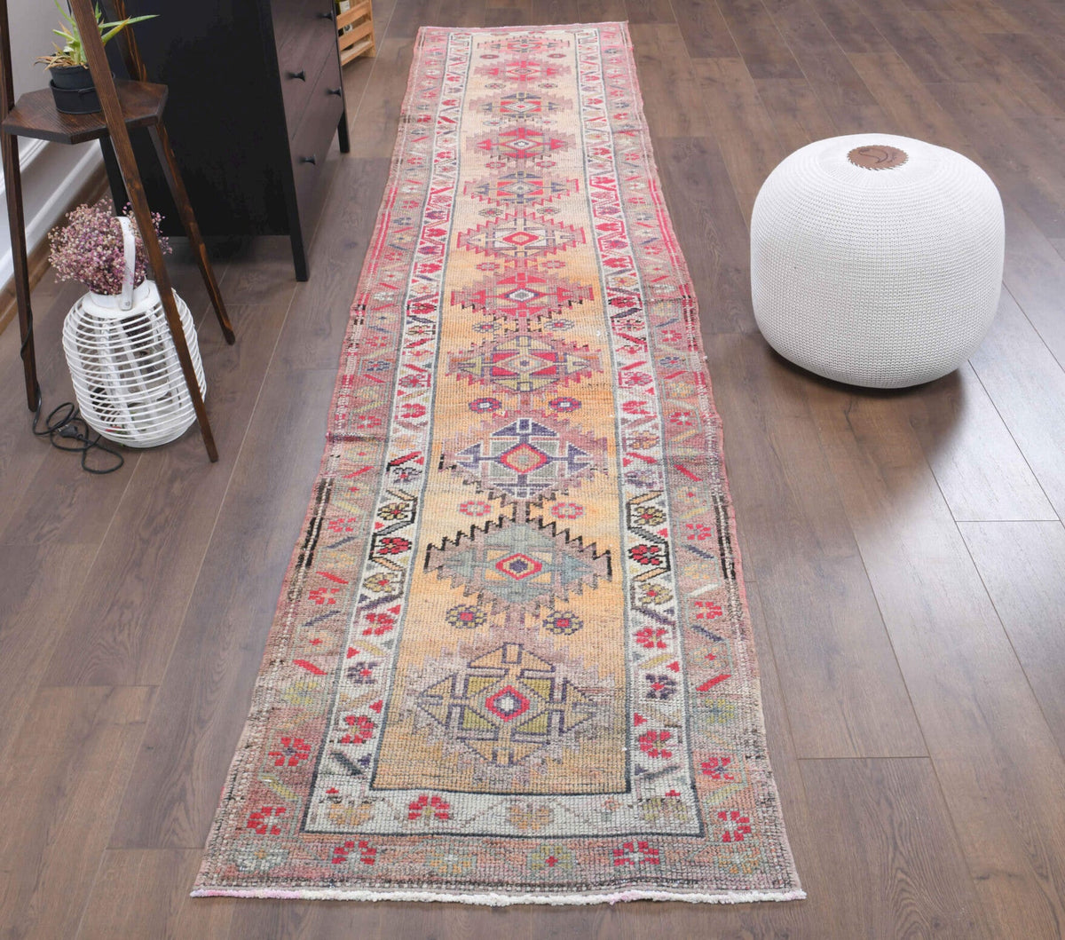 El yapımı vintage yolluk 81x381 cm oryantal desenli yün - detay görünümü
