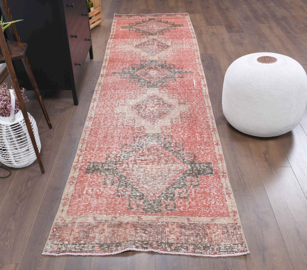 El yapımı vintage yolluk 89x345 cm geometrik desenli yün - detay görünümü