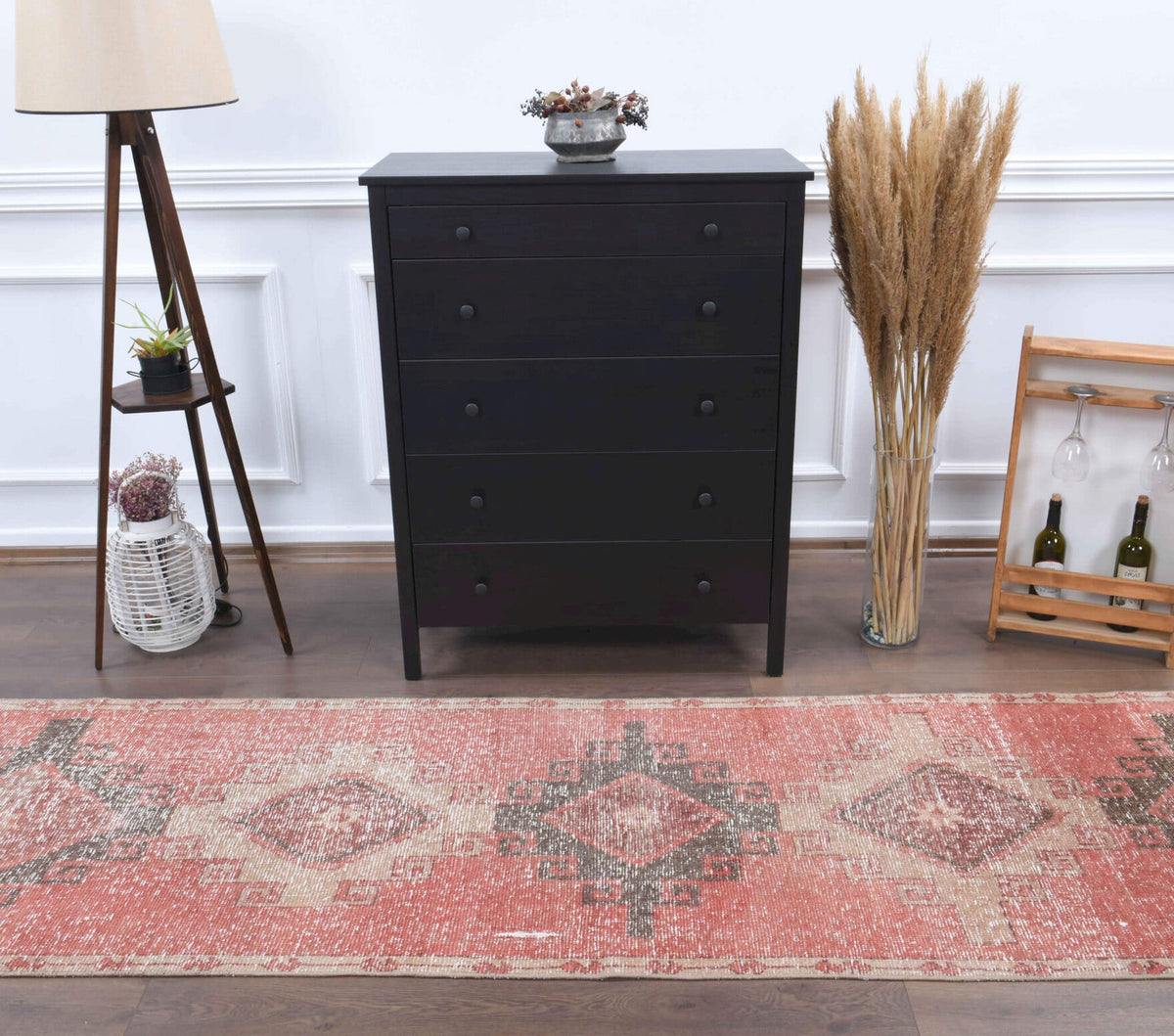 El yapımı vintage yolluk 89x345 cm geometrik desenli yün - kenar ve saçak detayı