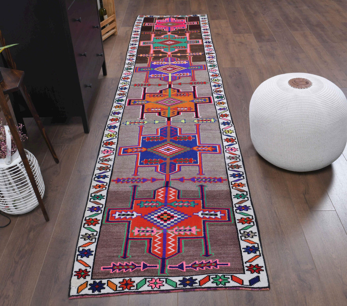 El yapımı vintage yolluk 81x348 cm tribal desenli yün - detay görünümü