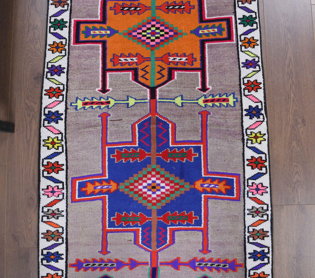 El yapımı vintage yolluk 81x348 cm tribal desenli yün - yakın çekim doku detayı