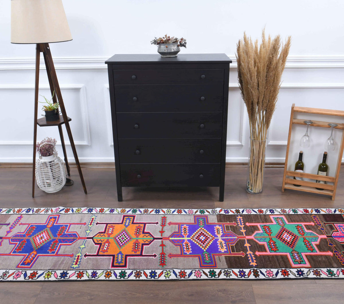 El yapımı vintage yolluk 81x348 cm tribal desenli yün - üstten görünüm
