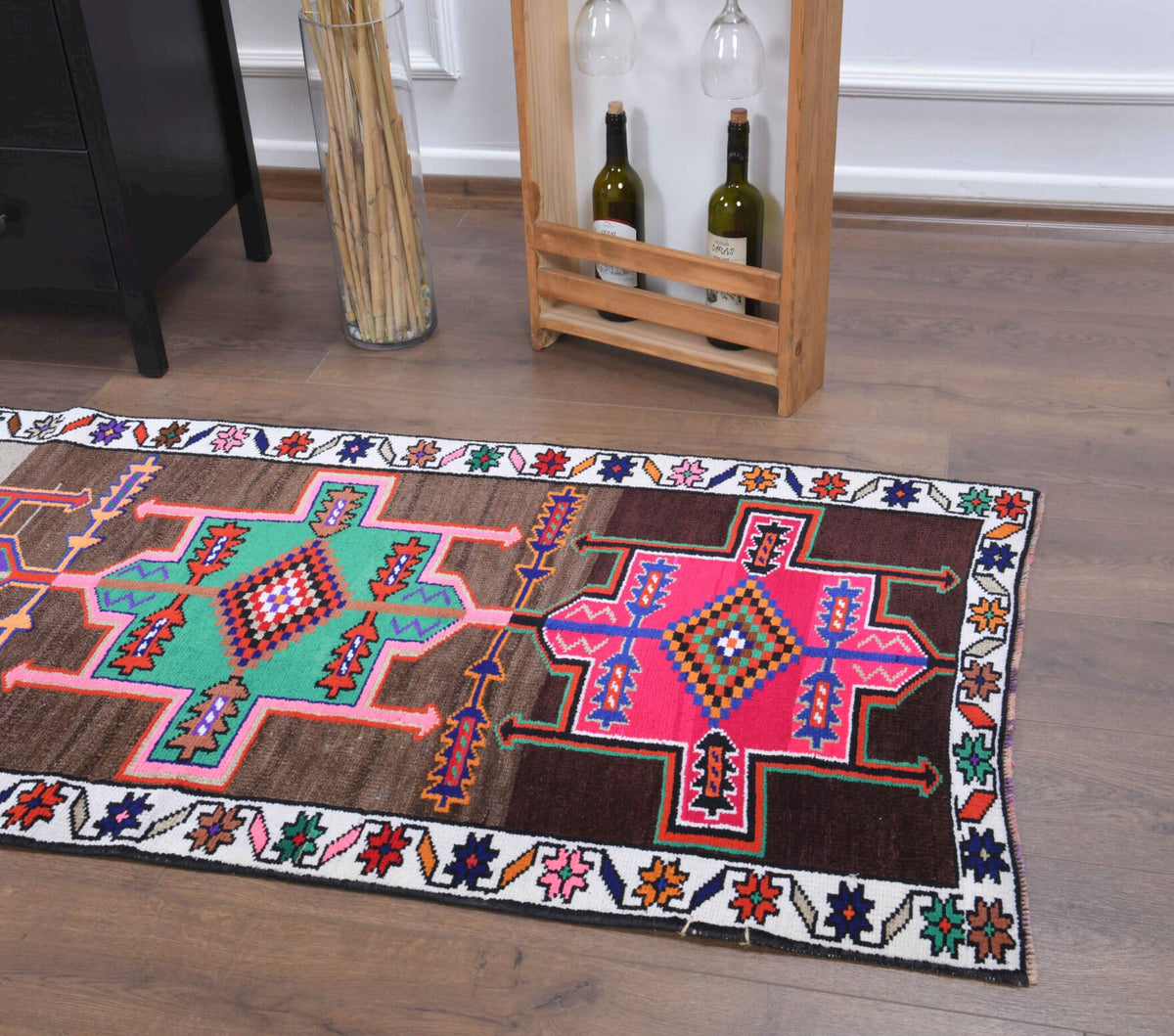 El yapımı vintage yolluk 81x348 cm tribal desenli yün - açık alan görünümü