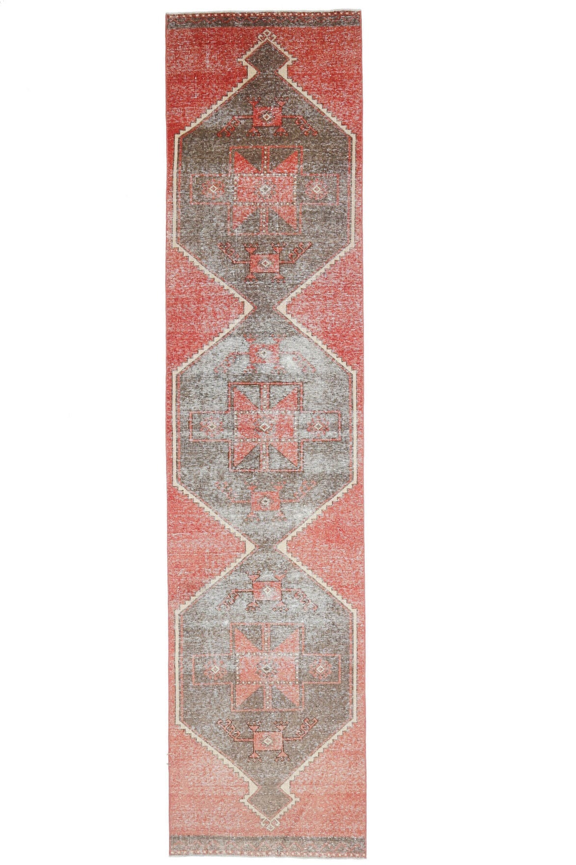 El yapımı vintage yolluk 91x386 cm geometrik desenli yün - farklı açıdan görünüm