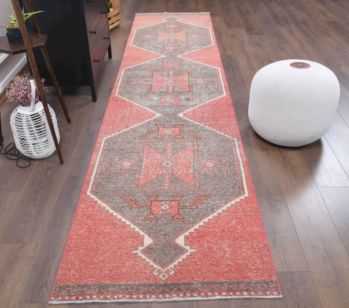 El yapımı vintage yolluk 91x386 cm geometrik desenli yün - detay görünümü