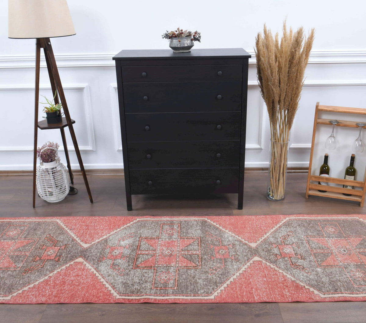 El yapımı vintage yolluk 91x386 cm geometrik desenli yün - üstten görünüm