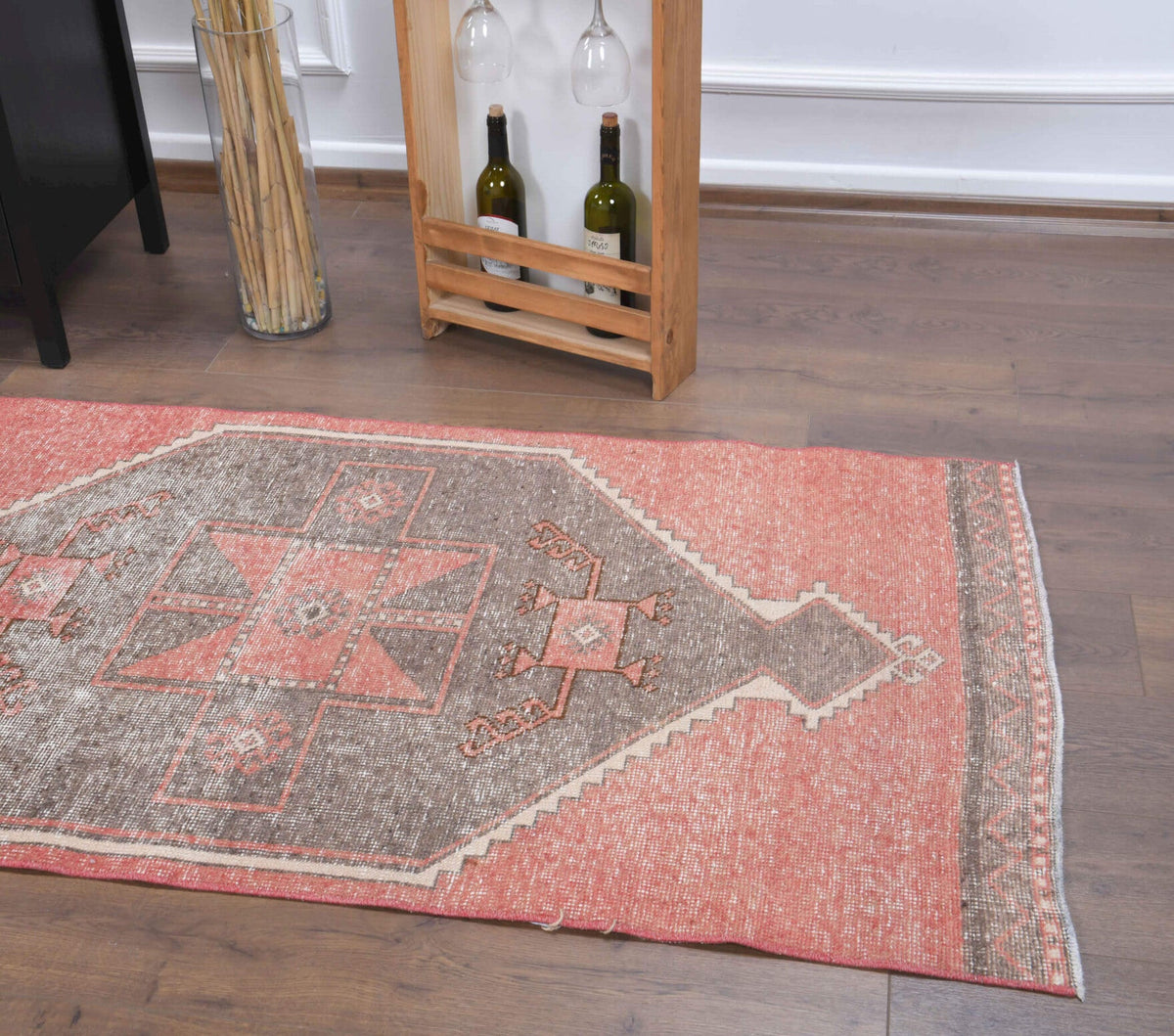 El yapımı vintage yolluk 91x386 cm geometrik desenli yün - açık alan görünümü