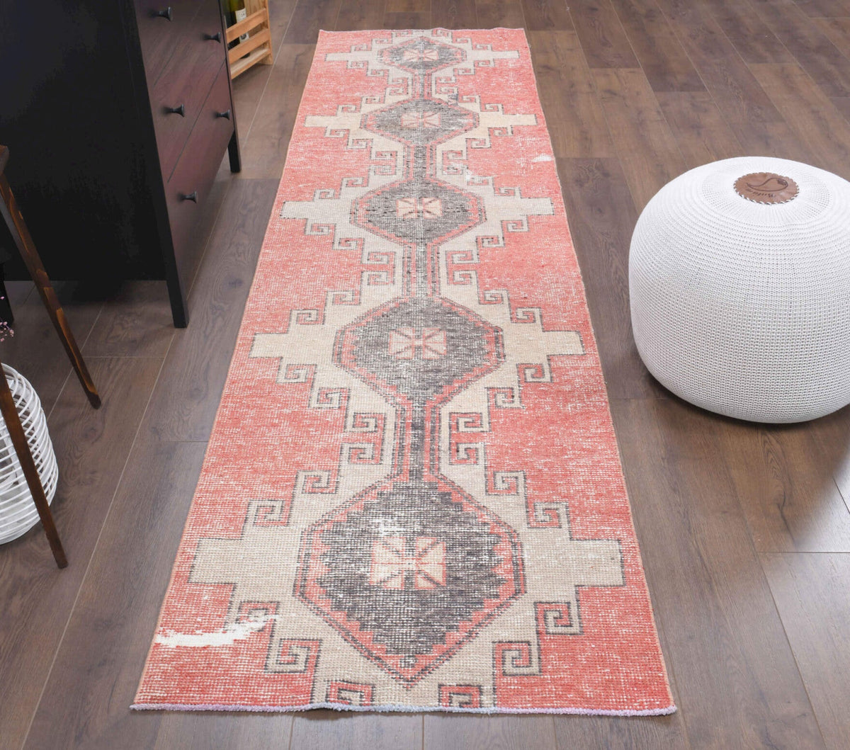 El yapımı vintage yolluk 79x318 cm geometrik desenli yün - detay görünümü