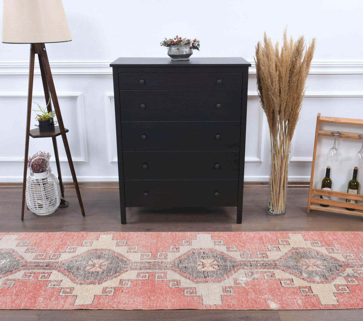 El yapımı vintage yolluk 79x318 cm geometrik desenli yün - üstten görünüm