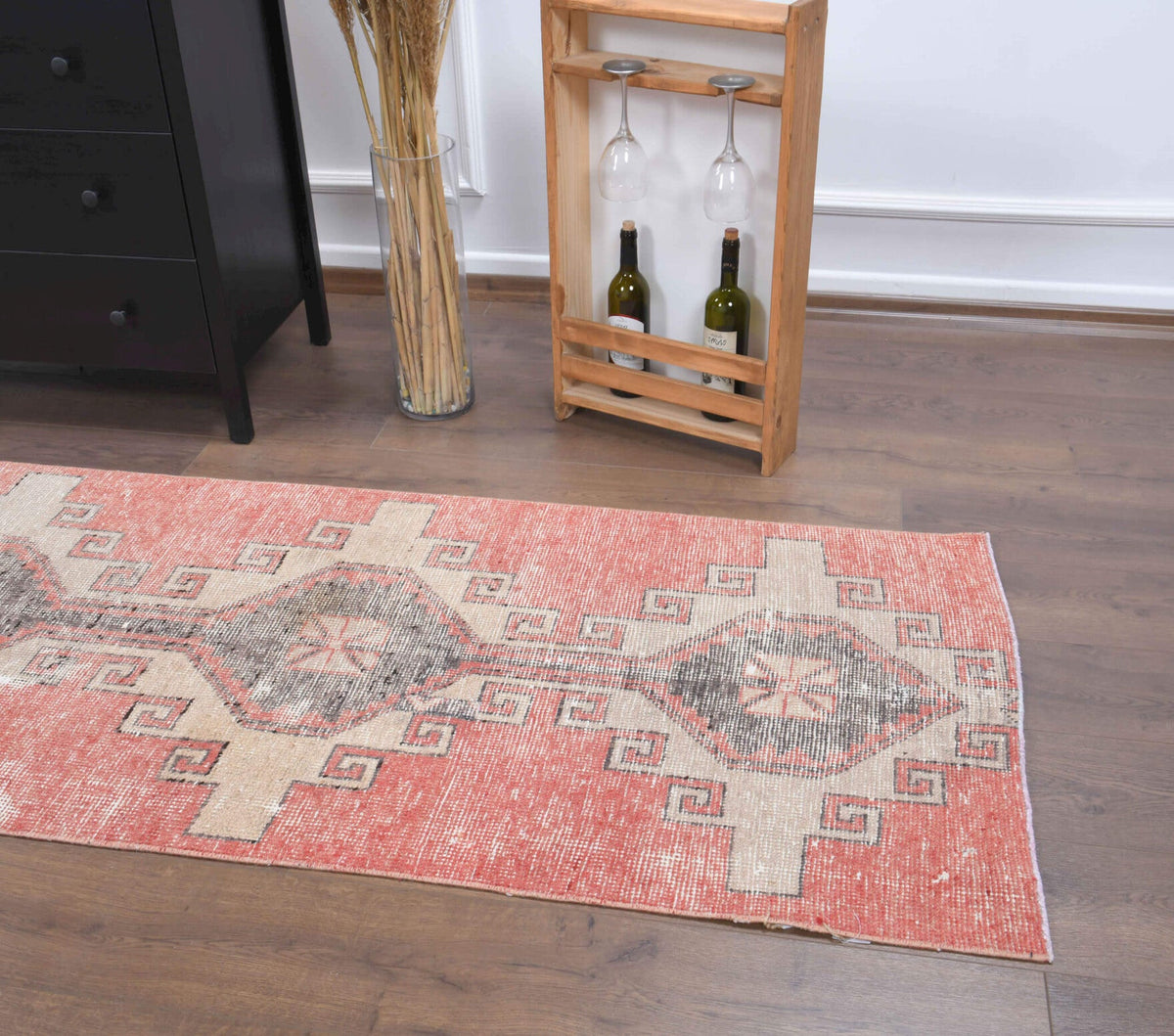El yapımı vintage yolluk 79x318 cm geometrik desenli yün - açık alan görünümü