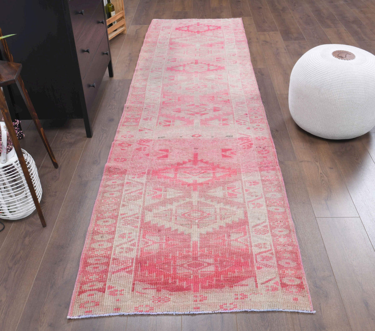 El yapımı vintage yolluk 89x335 cm i̇kat desenli yün - detay görünümü