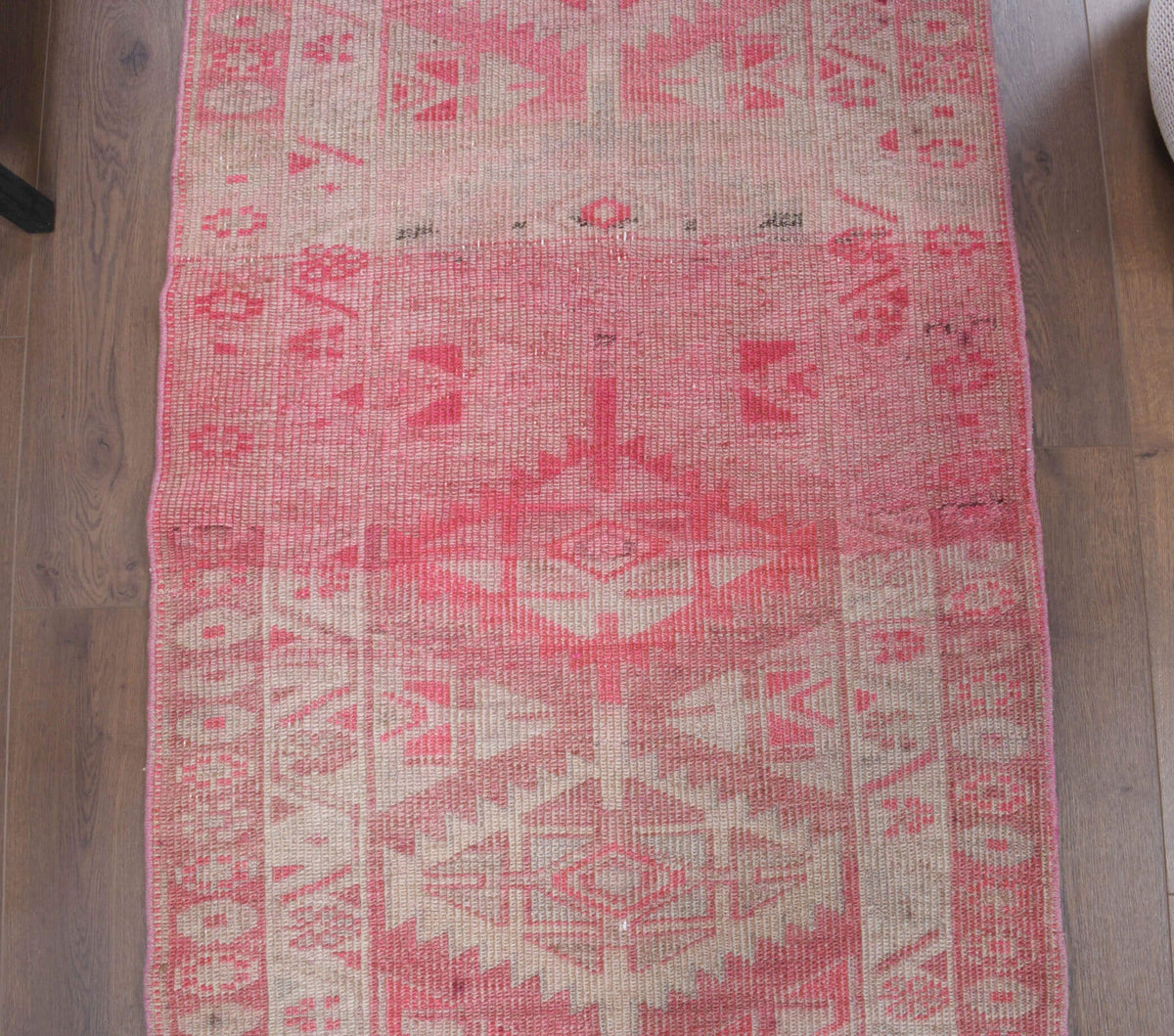 El yapımı vintage yolluk 89x335 cm i̇kat desenli yün - yakın çekim doku detayı
