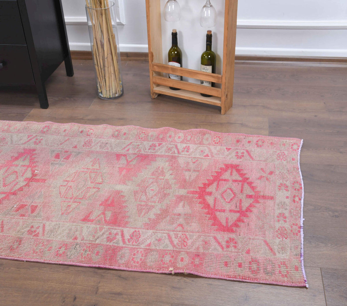 El yapımı vintage yolluk 89x335 cm i̇kat desenli yün - üstten görünüm