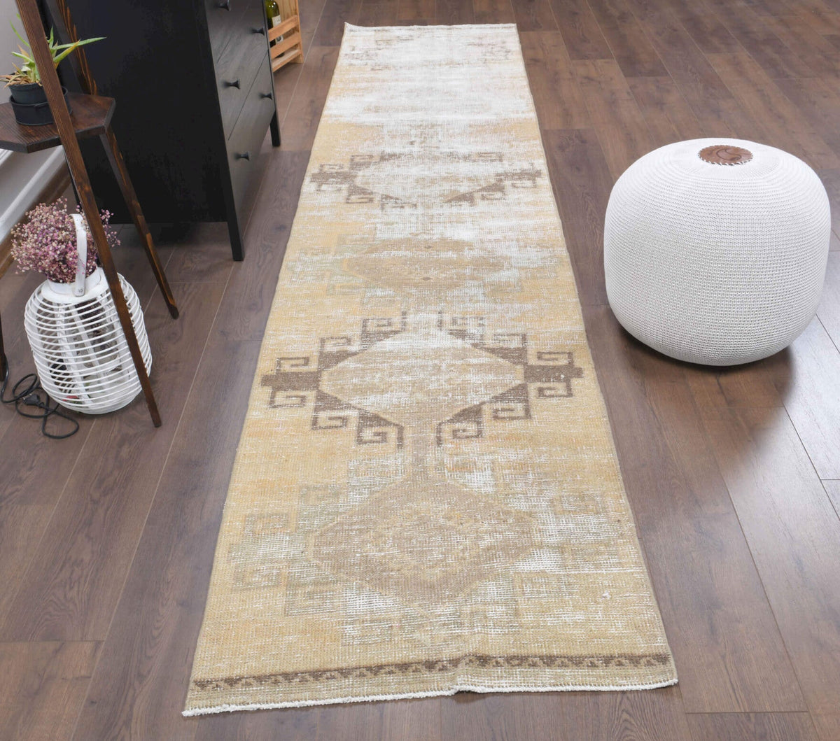 El yapımı vintage yolluk 81x371 cm geometrik desenli yün - detay görünümü