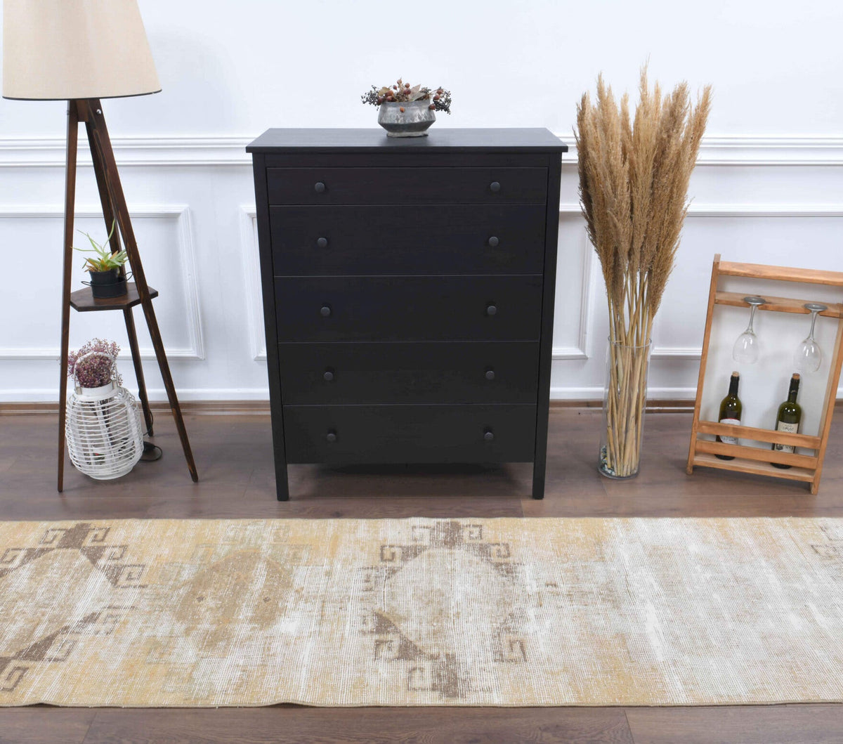 El yapımı vintage yolluk 81x371 cm geometrik desenli yün - üstten görünüm