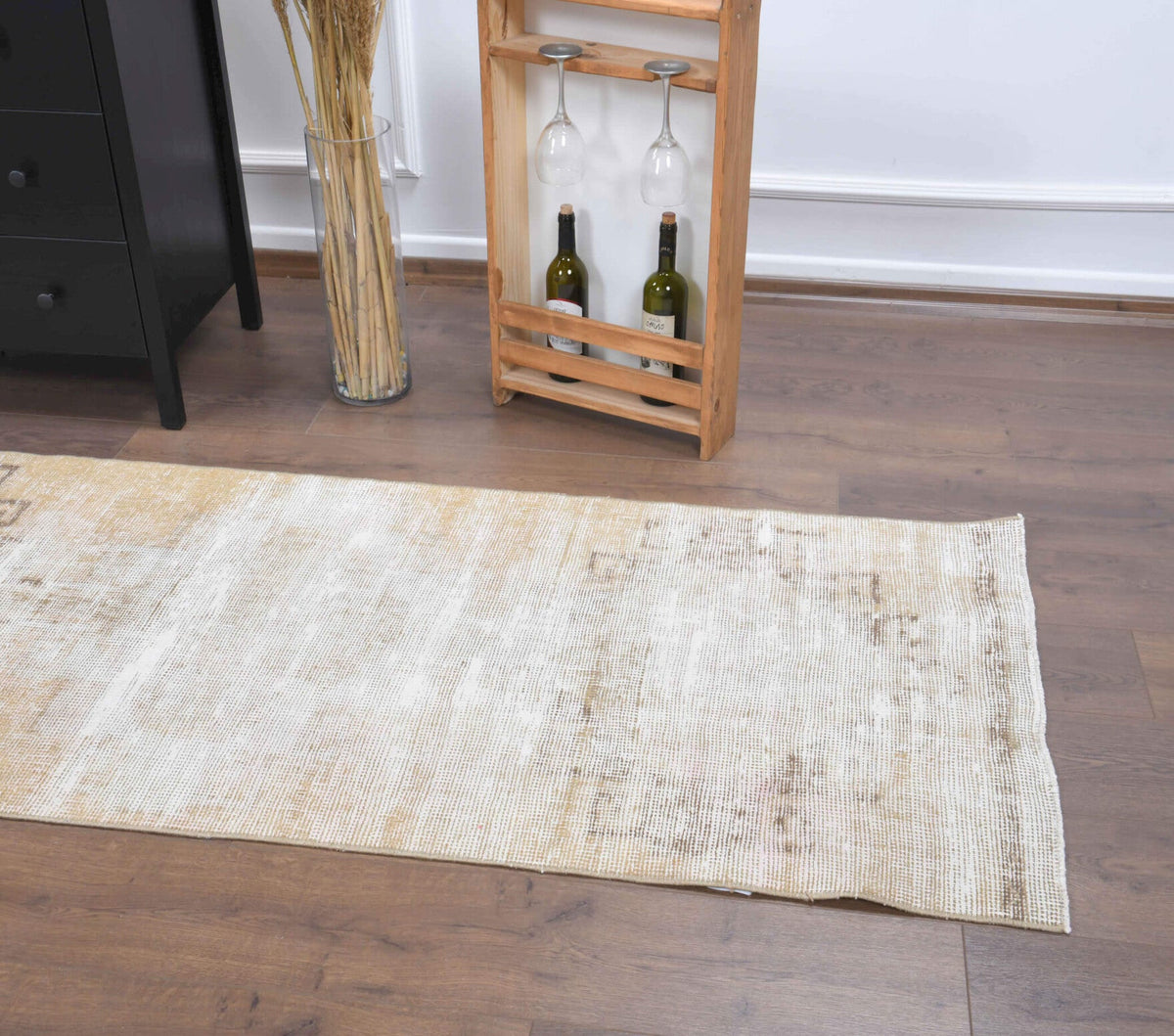 El yapımı vintage yolluk 81x371 cm geometrik desenli yün - açık alan görünümü