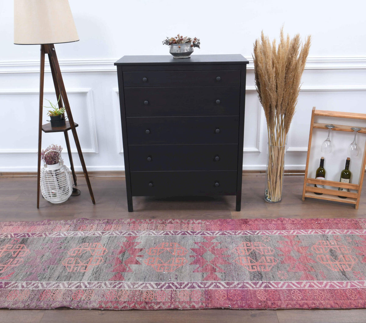 El yapımı vintage yolluk 91x335 cm oryantal desenli yün - üstten görünüm