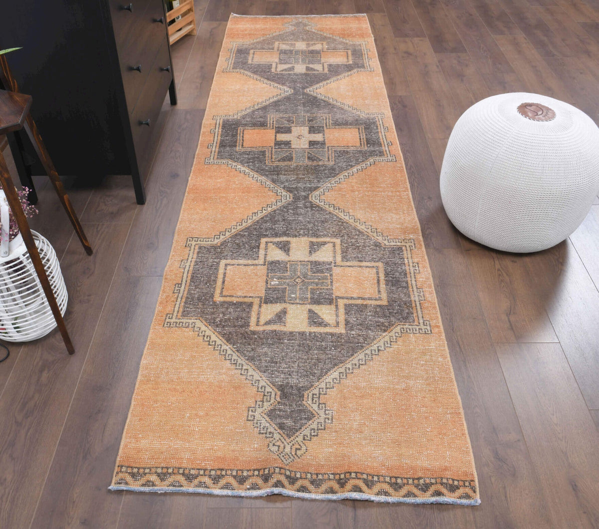 El yapımı vintage yolluk 86x330 cm geometrik desenli yün - detay görünümü