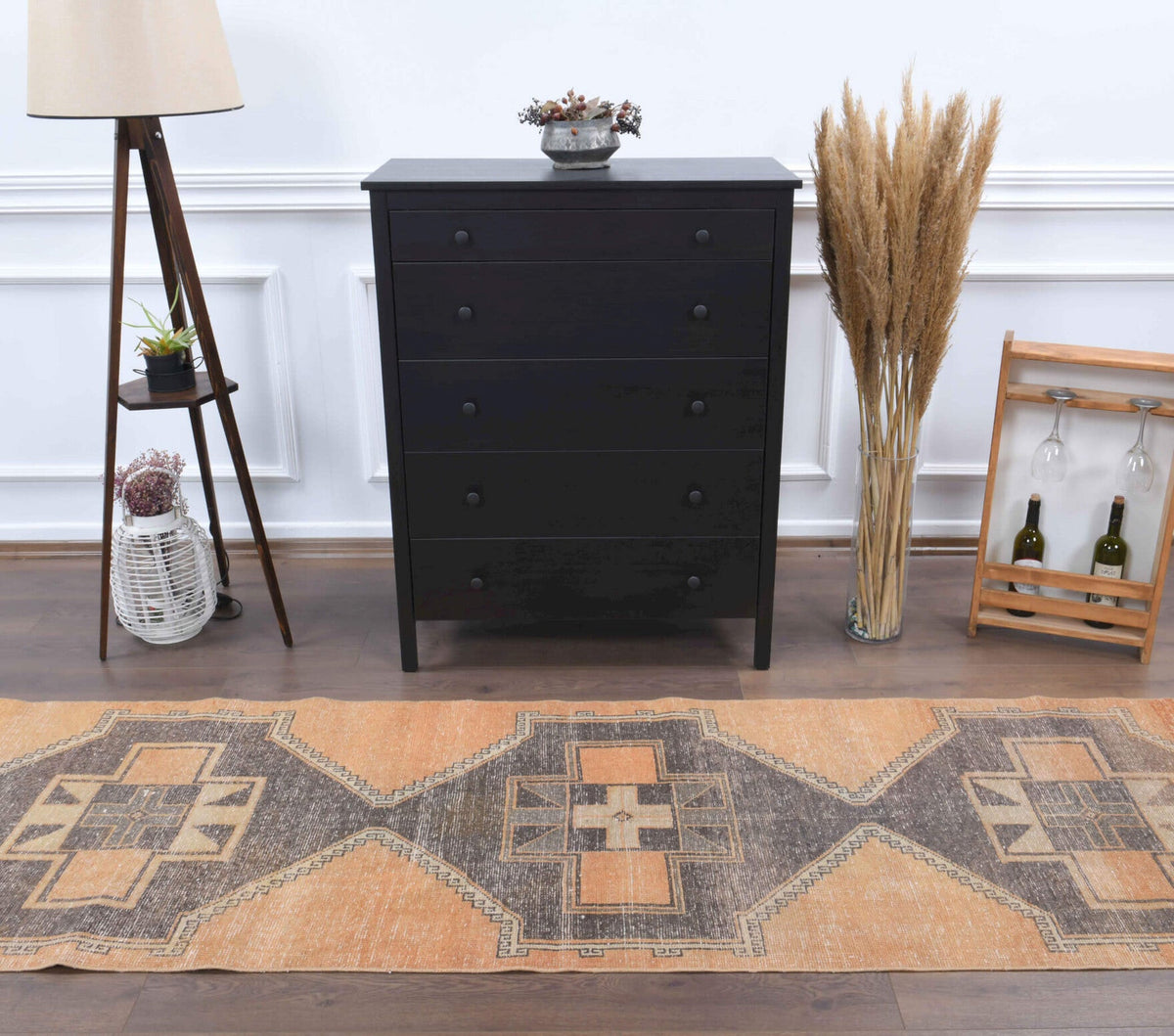El yapımı vintage yolluk 86x330 cm geometrik desenli yün - üstten görünüm
