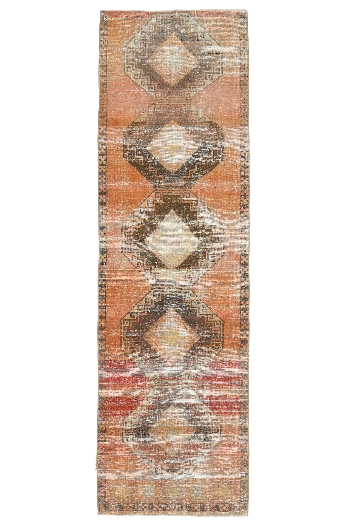 El yapımı vintage yolluk 94x335 cm geometrik desenli yün - ışık altında renk detayı