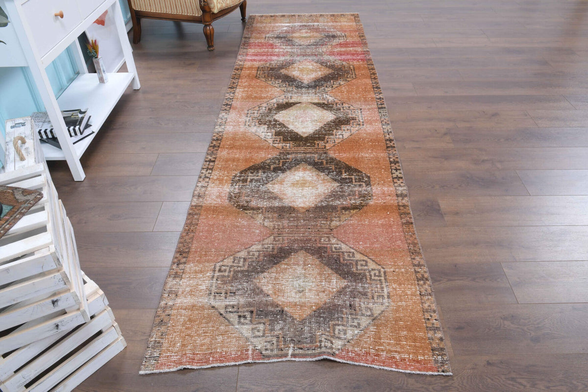 El yapımı vintage yolluk 94x335 cm geometrik desenli yün - detay görünümü